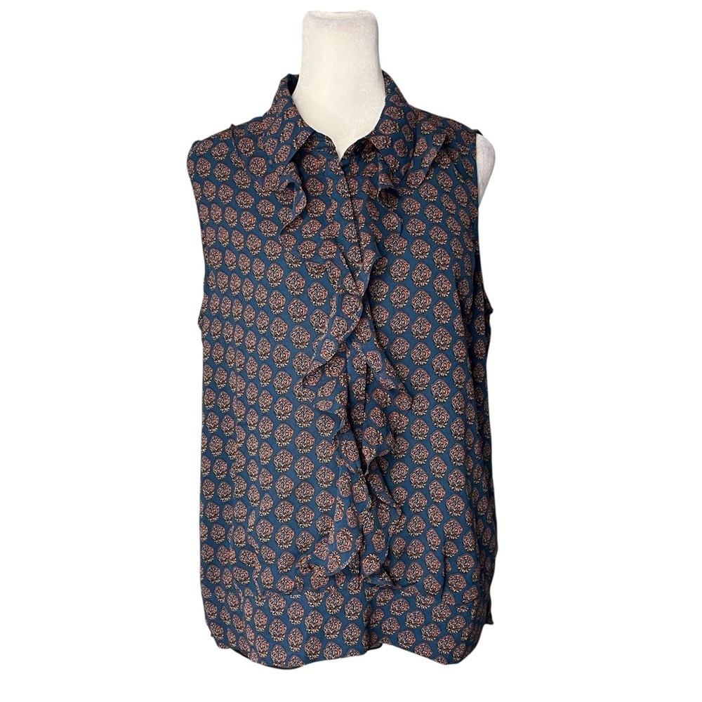 CABI Medallion Reign 3275 Teal Ruffle Blouse Size Medium